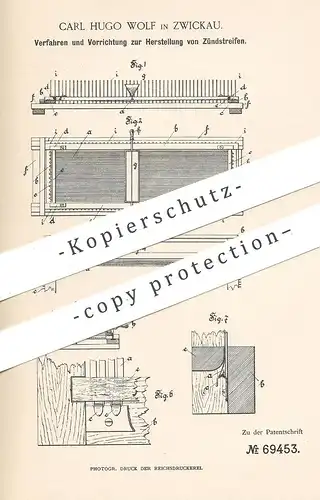 original Patent - Carl Hugo Wolf , Zwickau , 1892 , Zündstreifen für Feuerzeug | Zündfeuerzeug , Zünder , Zündung !!