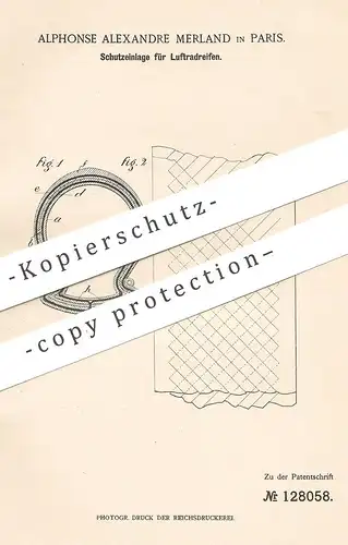 original Patent - Alphonse Alexandre Merland , Paris Frankreich , 1901 , Schutz für Luftradreifen | Luftreifen , Reifen