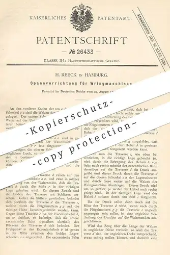 original Patent - H. Reeck , Hamburg , 1883 , Spannvorrichtung für Wringmaschine | Schleuder | Waschmaschine , Wäsche !!