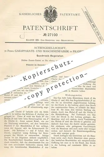 original Patent - AG Gasapparate- & Maschinenfabrik , Frankfurt / Main , 1883 , Gasdruck - Regulator | Gas , Brenner !