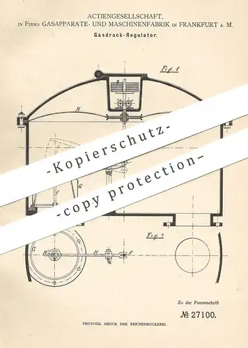 original Patent - AG Gasapparate- & Maschinenfabrik , Frankfurt / Main , 1883 , Gasdruck - Regulator | Gas , Brenner !