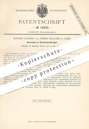 original Patent - Eduard Cooman , Pierre Dallard , Paris , Frankreich , 1881 , Schlauchverbindung | Schlauch | Feuerwehr