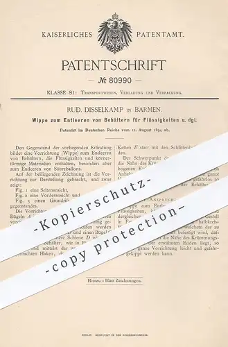 original Patent - Rud. Disselkamp , Barmen , 1894 , Wippe zum Entleeren von Behältern für Flüssigkeiten !!