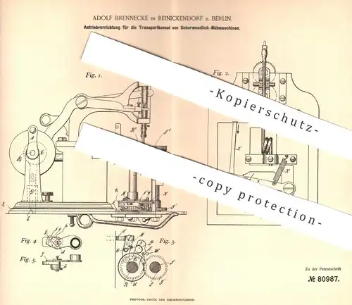original Patent - Adolf Brennecke , Berlin / Reinickendorf , 1894 , Antrieb für die Transportkessel von Nähmaschine !!