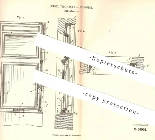 original Patent - Wenzl Teschauer , Budapest , 1892 , Schubfenster | Fenster , Fensterbauer , Doppelfenster , Flügel !!