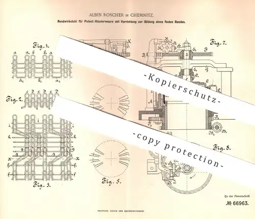 original Patent - Albin Roscher , Chemnitz , 1892 , Rundwirkstuhl für Ränderware | Wirkstuhl , Schneider , Nähen !!!