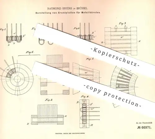 original Patent - Raymond Snyers , Brüssel , 1891 , Grundplatten für Metallbürsten | Bürste , Bürsten , Drahtbürste !!!