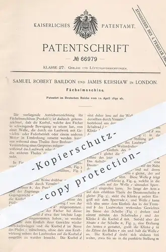 original Patent - Samuel Robert Baildon , James Kershaw , London , 1892 , Fächelmaschine | Fächer , Gebläse | Punkah !