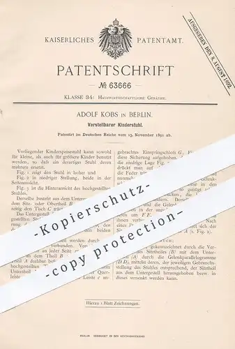 original Patent - Adolf Kobs , Berlin , 1891 , Verstellbarer Kinderstuhl | Stuhl für Kinder | Möbel , Tischler , Stühle