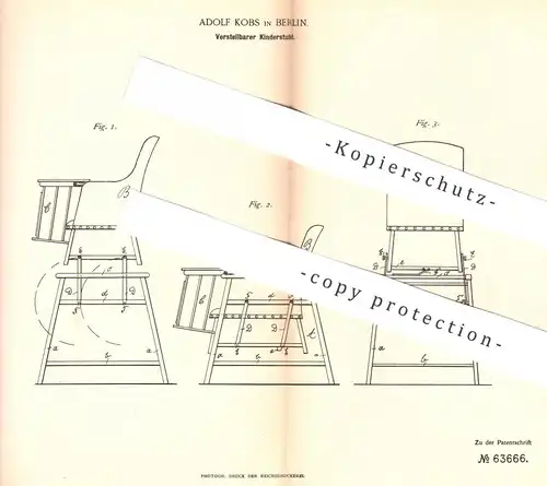 original Patent - Adolf Kobs , Berlin , 1891 , Verstellbarer Kinderstuhl | Stuhl für Kinder | Möbel , Tischler , Stühle