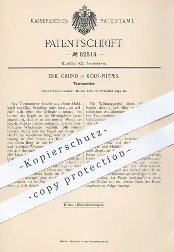 original Patent - Emil Grund , Köln / Nippes , 1894 , Thermometer aus Glas , Porzellan | Messing | Temperatur messen