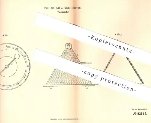 original Patent - Emil Grund , Köln / Nippes , 1894 , Thermometer aus Glas , Porzellan | Messing | Temperatur messen