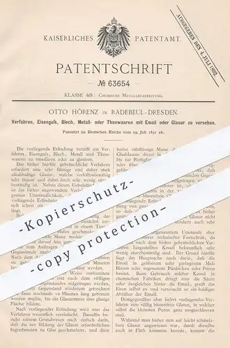 original Patent - Otto Hörenz , Radeul / Dresden , 1891 , Eisenguss , Blech , Metall , Ton mit Email o. Glasur versehen