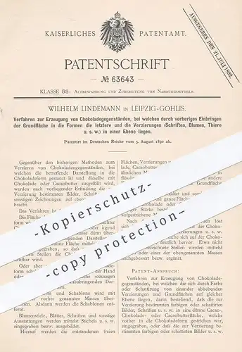 original Patent - Wilhelm Lindemann , Leipzig / Gohlis , 1890 , Schokoladenfiguren | Schokolade , Kakao , Kakaobutter !