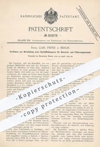 original Patent - Carl Pieper , Berlin , 1894 , Kartoffel - Konserve für Gewerbe u. Fütterung | Kartoffeln konservieren