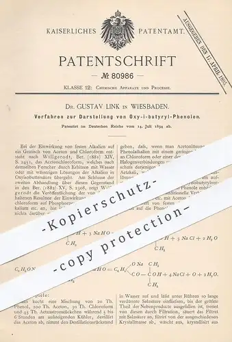original Patent - Dr. Gustav Link , Wiesbaden , 1894 , Darstellung von Oxy-i-butyryl-Phenolen | Chemie | Willgerodt !!