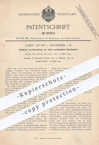 original Patent - Albert Brunn , Hochheim / Main  1894 , leicht verdauliches Fleischpulver | Fleisch , Wurst , Fleischer