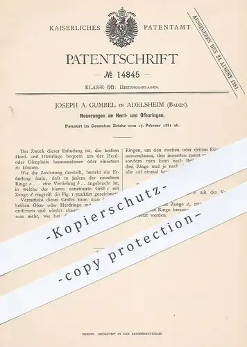 original Patent - Joseph A. Gumbel , Adelsheim / Baden , 1881 , Herdringe u. Ofenringe | Herd , Ofen , Heizung , Öfen