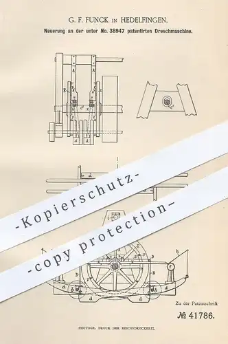 original Patent - G. F. Funck , Hedelfingen / Stuttgart , 1887 , Dreschmaschine | Drescher , Mähdrescher , Ernte !!!