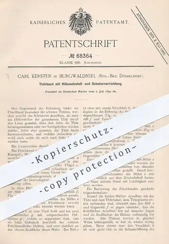 original Patent - Carl Kersten , Burgwaldniel / Düsseldorf , 1892 , Türband | Türbänder , Tür , Schlosser , Fensterbauer