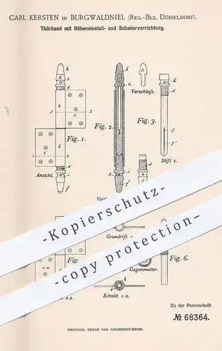 original Patent - Carl Kersten , Burgwaldniel / Düsseldorf , 1892 , Türband | Türbänder , Tür , Schlosser , Fensterbauer