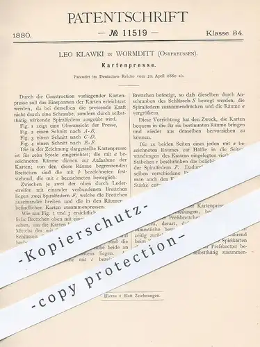 original Patent - Leo Klawki , Wormditt / Ostpreussen , Preussen / 1880 , Kartenpresse / Karten - Presse