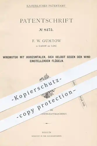 original Patent - F. W. Gumtow , Gadow bei Lanz , 1879 , Windmotor | Windrad , Windkraft , Windmühle , Wind - Mühle !!!
