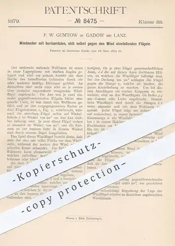 original Patent - F. W. Gumtow , Gadow bei Lanz , 1879 , Windmotor | Windrad , Windkraft , Windmühle , Wind - Mühle !!!