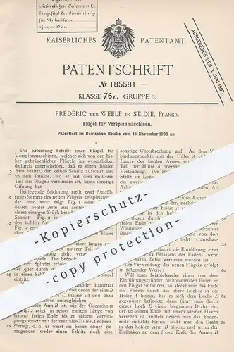 original Patent - Frédéric ter Weele , St. Dié , Frankreich 1906 , Flügel für Vorspinnmaschine | Spinnmaschine , Spinnen