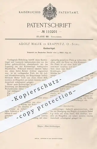 original Patent - Adolf Malik , Krappitz , Schlesien , 1899 , Kantenriegel | Riegel , Tür , Fenster , Fensterbauer !!!