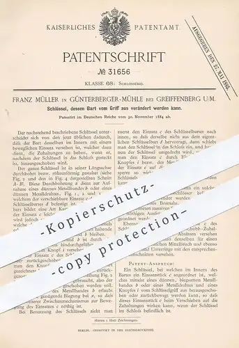 original Patent - Franz Müller , Günterberger Mühle / Greiffenberg / Uckermark , 1884 , Schlüssel | Schlosser , Schloss