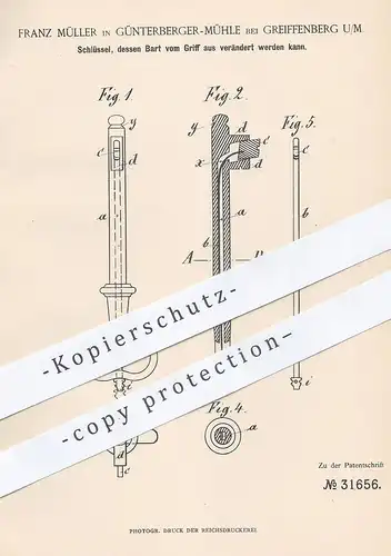 original Patent - Franz Müller , Günterberger Mühle / Greiffenberg / Uckermark , 1884 , Schlüssel | Schlosser , Schloss