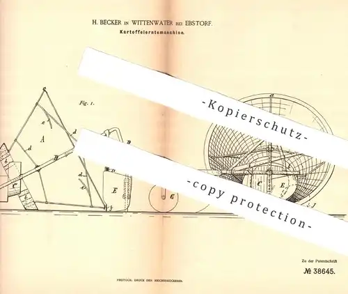 original Patent - H. Becker , Wittenwater / Ebstorf / Uelzen , 1886 , Kartoffelerntemaschine | Kartoffel - Erntemaschine