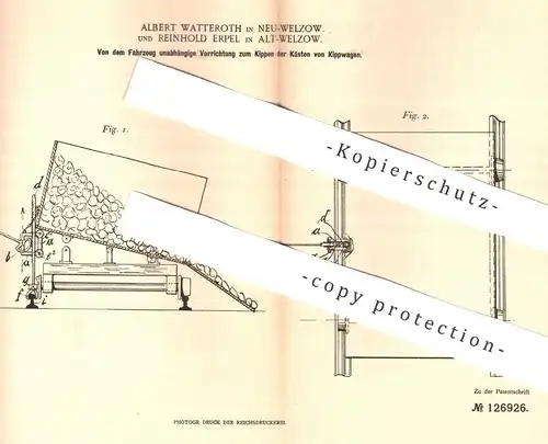 original Patent - Albert Watteroth , Reinhold Erpel , Welzow / Cottbus , Dresden , 1901 , Kippen der Kästen v. Kippwagen
