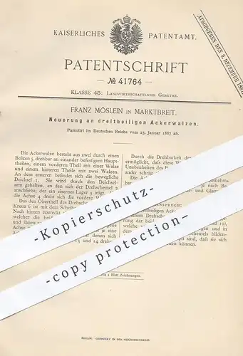 original Patent - Franz Möslein , Marktbreit / Main , 1887 , dreiteilige Ackerwalze | Acker - Walze | Walzen , Pflug !!