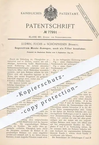 original Patent - Ludwig Fuchs , Schönpriesen / Böhmen , 1893 , Gegenstrom - Wende - Osmogen - Filter | Filtern !!