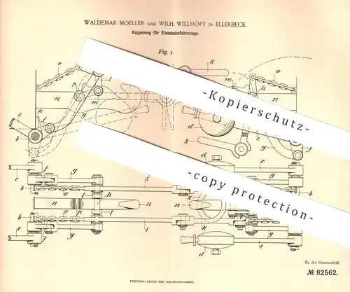 original Patent - Waldemar Moeller , Wilh. Willhöft , Ellerbeck / Hamburg, 1895 , Kupplung für Eisenbahnen | Eisenbahn !