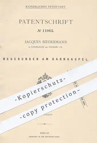 original Patent - Jacques Biedermann , Logelbach / Colmar / Elsass , 1880 , Garnhaspel | Garn - Haspel | Spinnerei !!