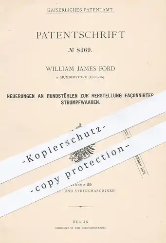 original Patent - William James Ford , Humberstone , England , 1879 , Rundstuhl für façonnierte Strumpfwaren | Wirkstuhl