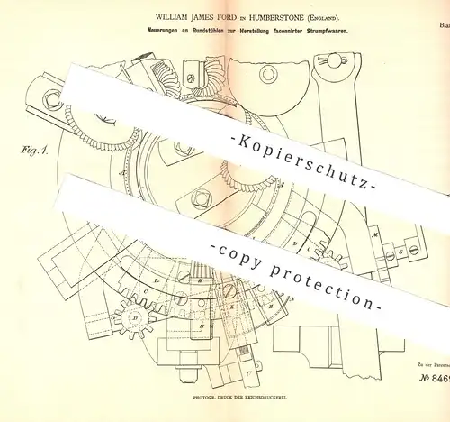 original Patent - William James Ford , Humberstone , England , 1879 , Rundstuhl für façonnierte Strumpfwaren | Wirkstuhl