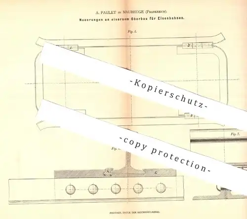 original Patent - A. Paulet , Maubeuge , Frankreich , 1879 , eiserner Oberbau für Eisenbahnen | Eisenbahn , Straßenbahn