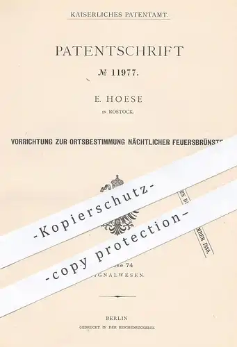 original Patent - E. Hoese , Rostock , Mecklenburg , 1880 , Ortsbestimmung von Feuer | Feuerwehr , Alarm , Brandschutz