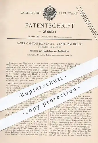 original Patent - James Garton Bower , Earlham House , Norwich , England , 1892 , Drahtnetz | Draht , Maschendraht !!!
