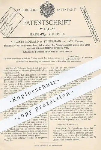 original Patent - Auguste Mollard , St. Germain en Laye , Frankreich 1905 , Schallplatte für Sprechmaschine | Grammophon