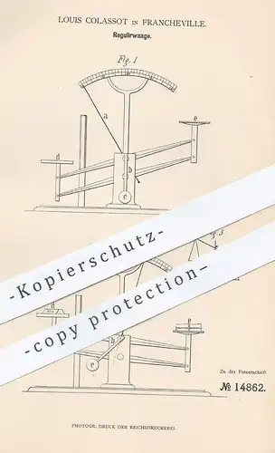 original Patent - Louis Colassot , Francheville , 1881 , Regulierwaage | Waage , Waagen , Wiegen , Gewicht !!