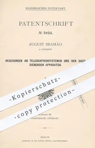 original Patent - August Bramão , Lissabon , 1878 , Telegraphen - System | Telegraph , Telegraphie , telegraphy , Strom