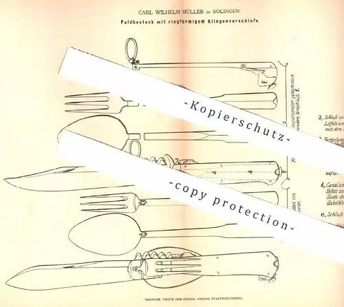 original Patent - Carl Wilhelm Müller , Solingen , 1877 , Feldbesteck | Besteck , Messer , Taschenmesser | Militär !!!