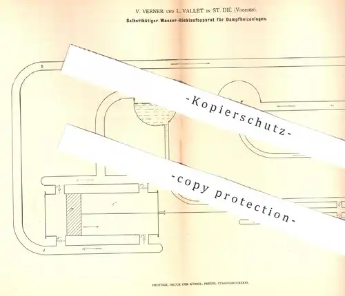 original Patent - V. Verner , L. Vallet , St. Dié / Vogesen 1877 , Wasserrücklauf an Dampfheizung | Heizung  Dampfkessel