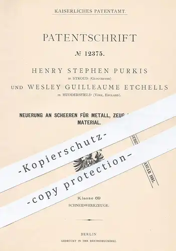 original Patent - H. Stephen Purkis , Stroud , Gloucester | Wesley Guilleaume Etchells , Huddersfield | Metall - Schere