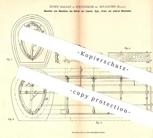 original Patent - Eugen Malgat , Burtzweiler / Mülhausen Elsass , 1880 , Modellieren von Röhren aus Zement , Gips , Erde